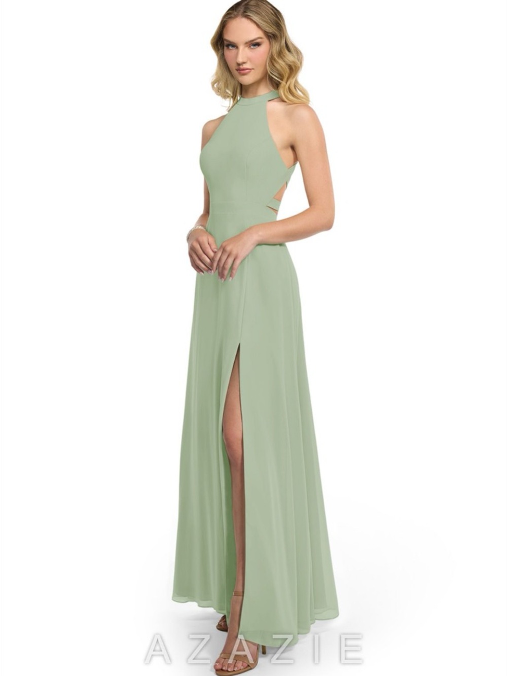 NWT Azazie Clarice Dusty Sage Chiffon Halter Formal Dress with Side Slit Size 0
